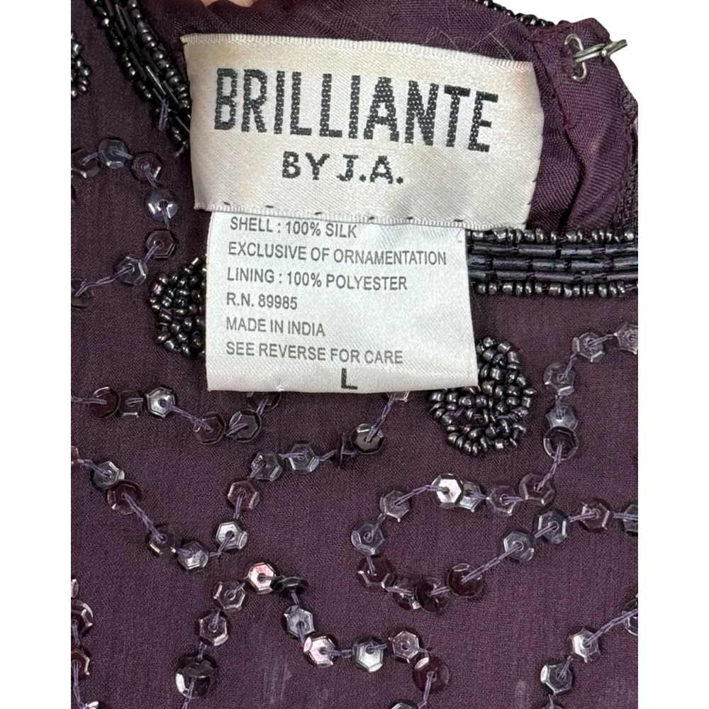 Brilliante by J.A. Beaded Silk Dress Plum Scalloped Hem Size L Vintage Style - Picture 6 of 10